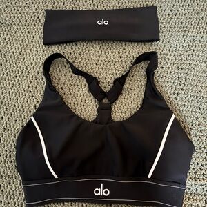 ALO Yoga Black Sports Bra with White Accents + Headband